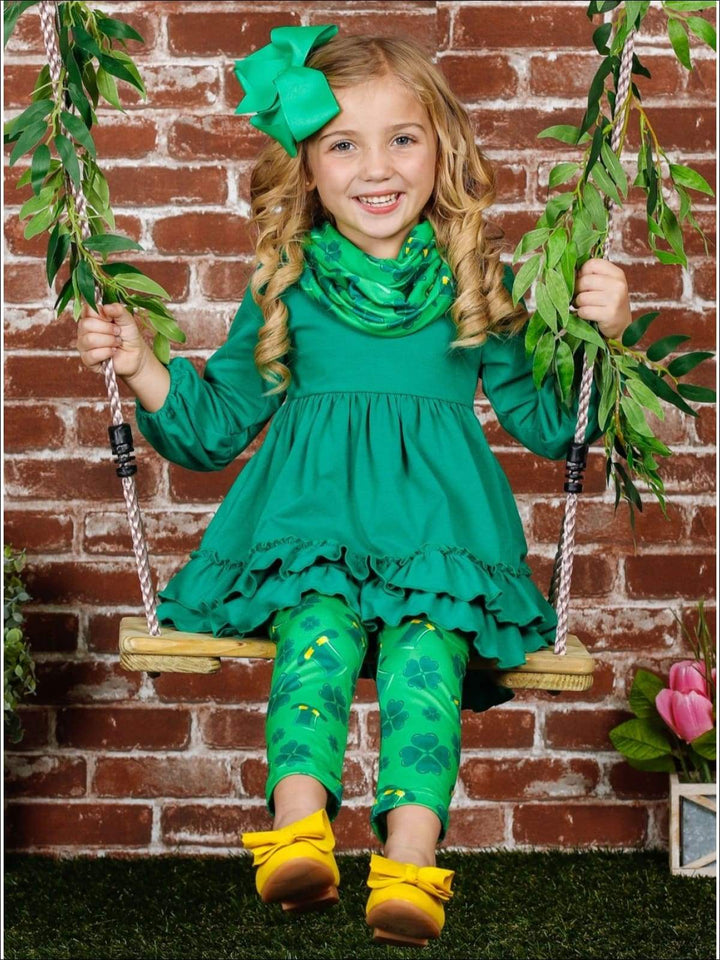 Mia Belle Girls St. Patrick's Day Ruffled Tunic, Scarf And Legging Set