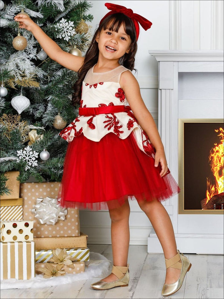 Kids Winter Formal Dress | Girls Nude Collar Peplum Holiday Dress