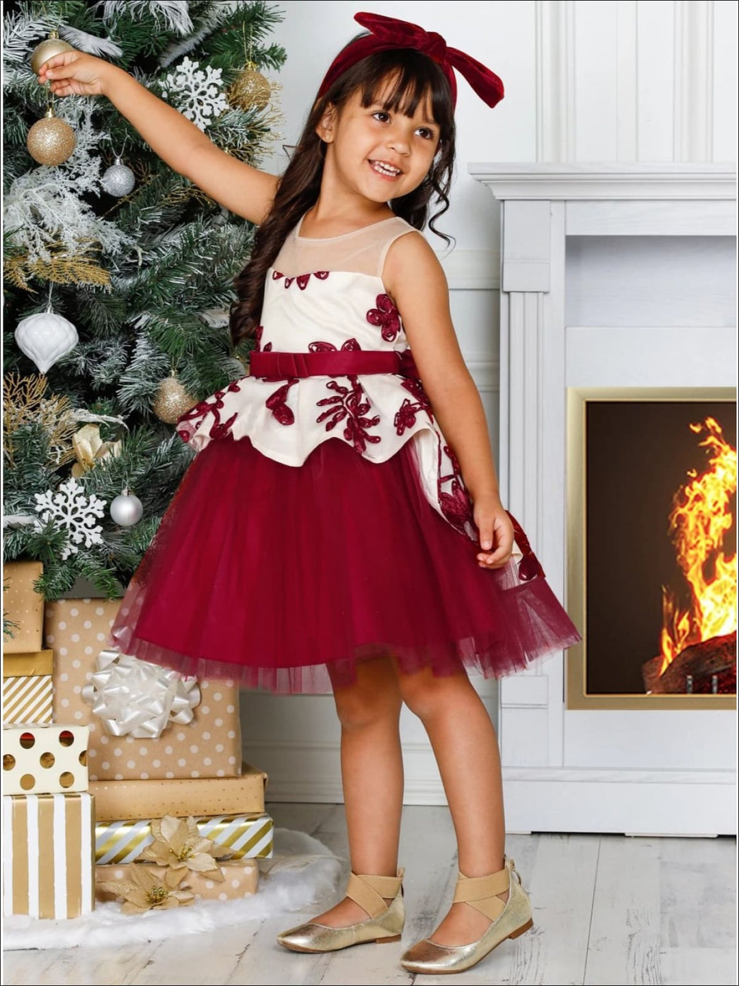 Kids Winter Formal Dress | Girls Nude Collar Peplum Holiday Dress