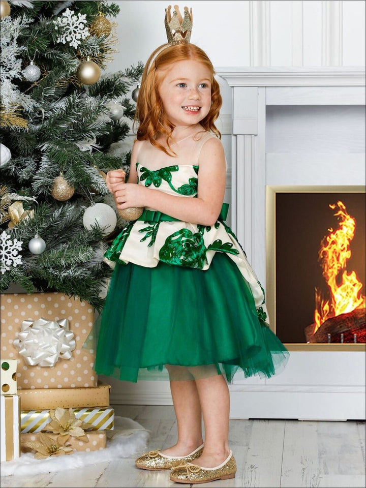 Kids Winter Formal Dress | Girls Nude Collar Peplum Holiday Dress