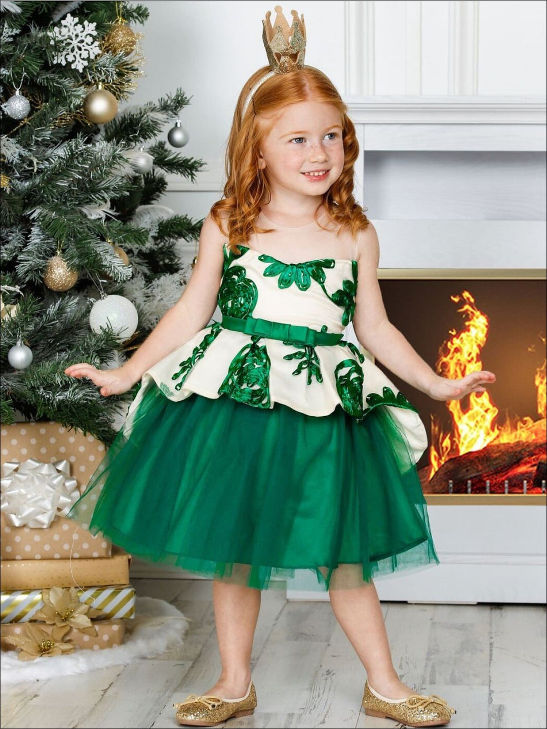 Kids Winter Formal Dress | Girls Nude Collar Peplum Holiday Dress
