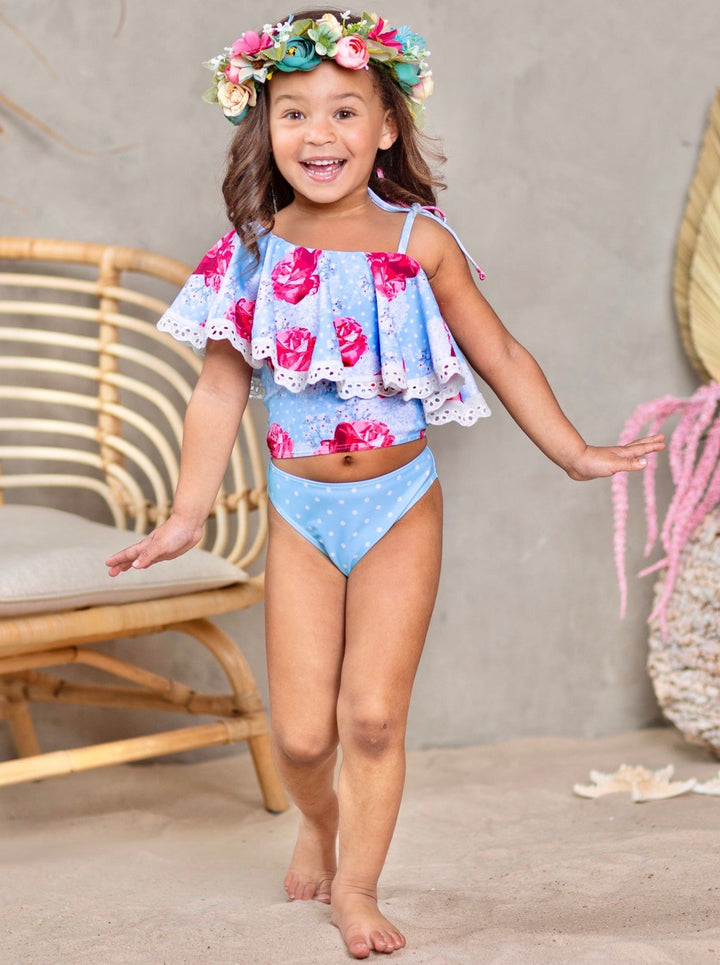 Kids Swimsuits | Little Girls Rose Print Ruffle Two Piece Swimsuit
