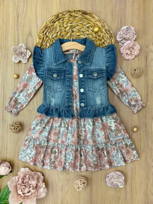 Always In Bloom Denim Vest and Floral Dress Set