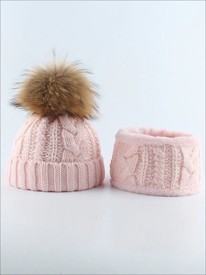 Kids Cable Knit Pom Pom Beanie with Neck Scarf - Girls Hats