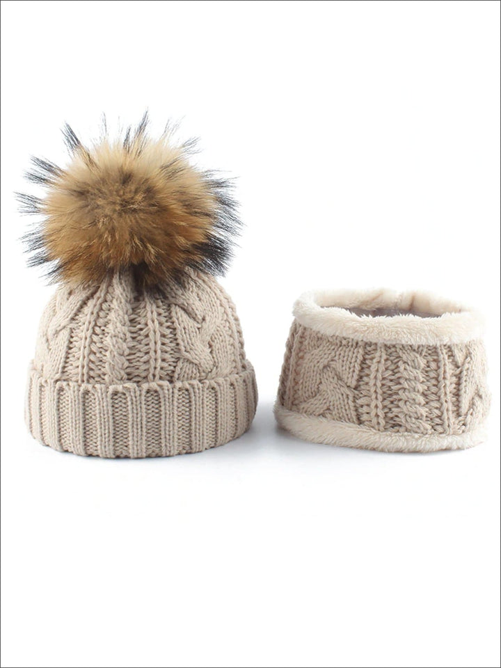 Kids Cable Knit Pom Pom Beanie with Neck Scarf - Beige - Girls Hats