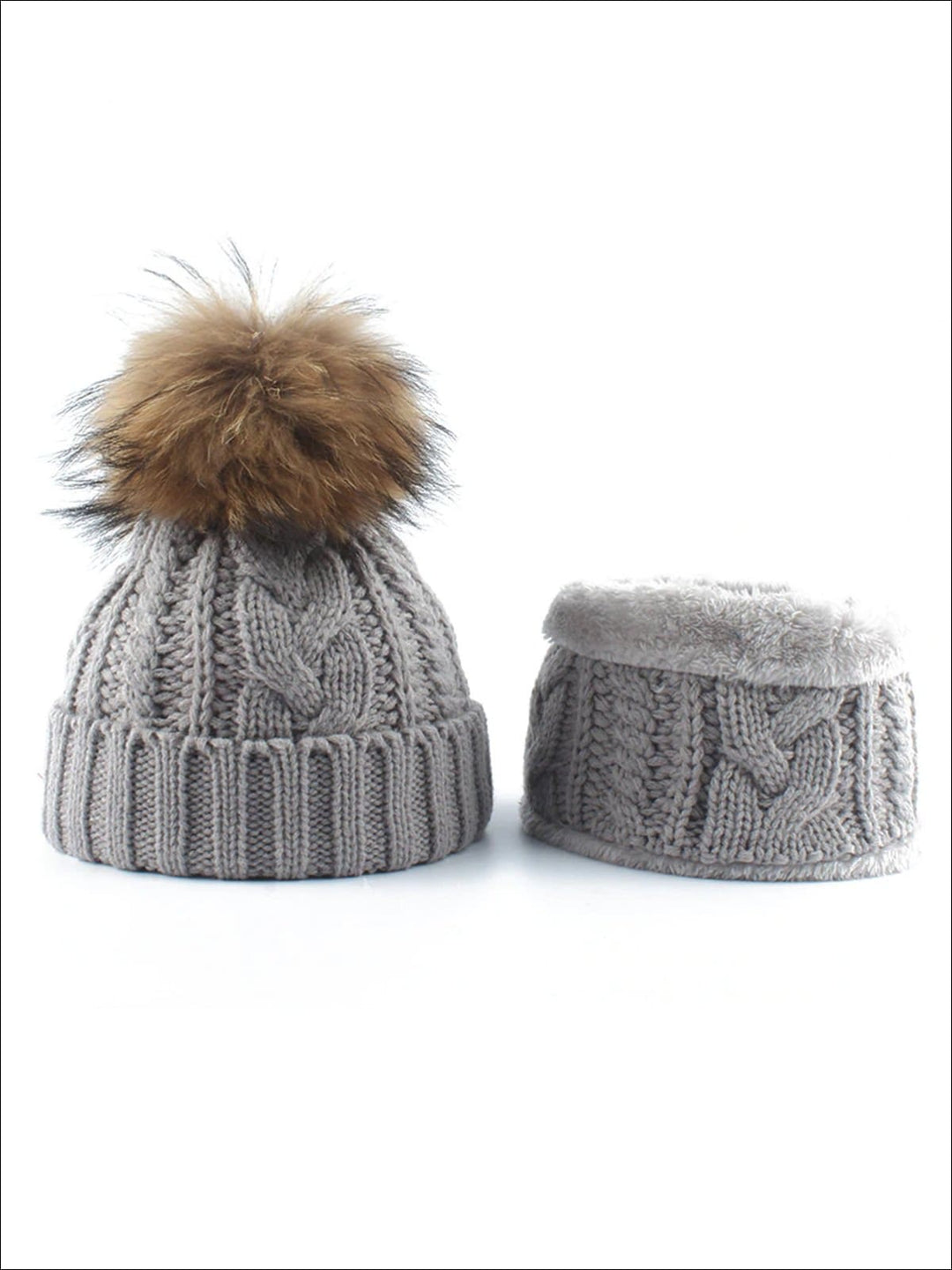 Kids Cable Knit Pom Pom Beanie with Neck Scarf - Grey - Girls Hats