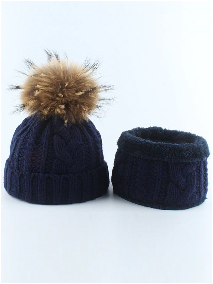 Kids Cable Knit Pom Pom Beanie with Neck Scarf - Navy - Girls Hats